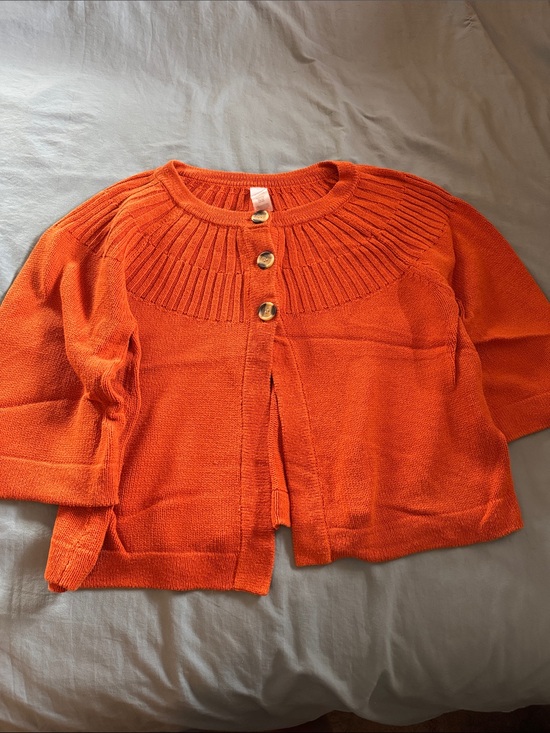 None Sweaters - Cropped Orange Short-Sleeve Knit Cardigan